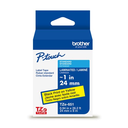 Brother TZe-651 Ruban laminé jaune avec texte noir authentique pour étiqueteuse P-touch, 24 mm (L) x 8 m (l)