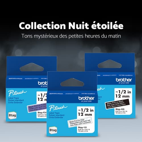 Ensemble de 3 rubans non laminés de la série BTAG pour étiqueteuses P-Touch authentique de Brother de la collection Nuit étoilée (transparent avec texte noir, noir avec texte blanc, violet avec texte noir), 12 mm (L) x 4 m de (l)