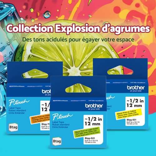 Ensemble de 3 rubans non laminés de la série BTAG pour étiqueteuses P-Touch authentique de Brother de la collection Explosion d’agrumes (orange avec texte noir, jaune avec texte noir, vert pâle avec texte noir), 12 mm (L) x 4 m de (l)