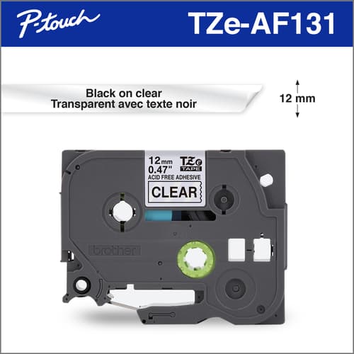 Brother TZeAF131 Ruban sans acide transparent avec texte noir pour étiqueteuses P-touch, 12 mm