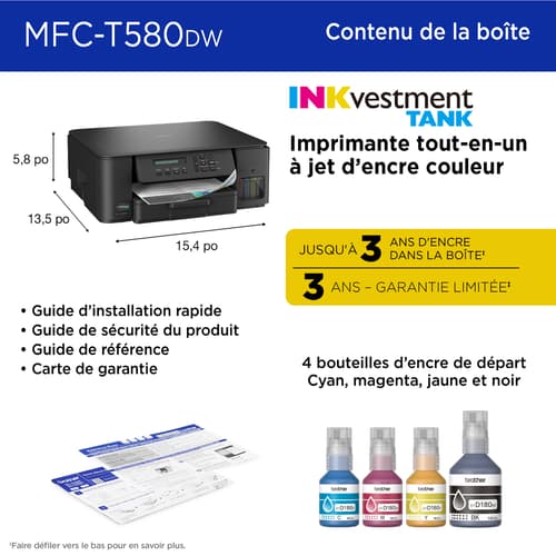 Brother MFC-T580DW Imprimante tout-en-un à jet d’encre couleur sans fil INKvestment Tank assortie de 3 ans d’encre