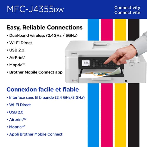 Brother MFC-J4355DW Imprimante tout-en-un à jet d’encre couleur sans fil INKvestment avec écran couleur de 1,8 po et fente d’alimentation manuelle