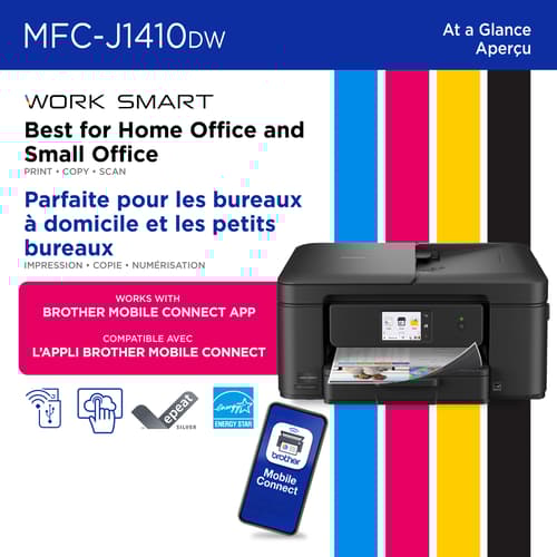 Brother MFC-J1410DW Imprimante tout-en-un à jet d’encre couleur sans fil Work Smart avec écran couleur de 2,7 po et impression recto verso automatique
