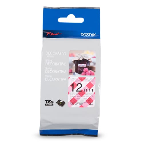 Brother TZEMPRG31 Ruban vichy rouge avec texte noir authentique pour étiqueteuses P-touch, 12 mm de largeur x 4 m de longueur