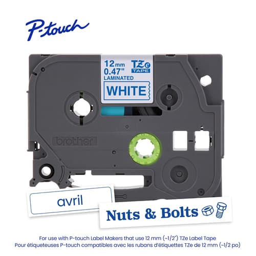 Brother TZe-233 Ruban laminé blanc avec texte bleu authentique pour étiqueteuse P-touch, 12 mm (L) x 8 m (l)