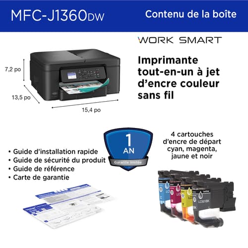 Brother MFC-J1360DW Imprimante tout-en-un à jet d’encre couleur sans fil Work Smart avec impression recto verso automatique et écran couleur de 1,8 po