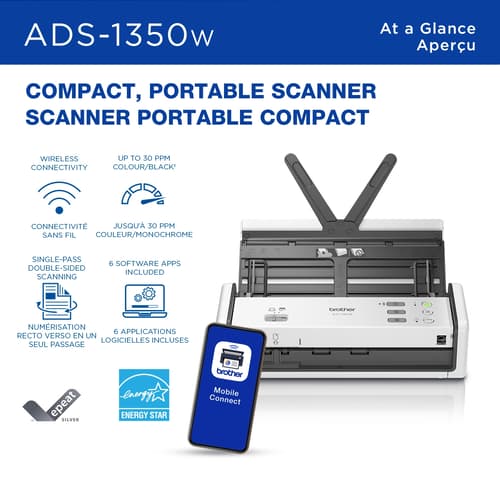 Brother ADS-1350W Scanner de bureau compact doté de fonctions de numérisation faciles pour petites entreprises et particuliers