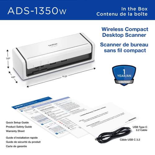 Brother ADS-1350W Scanner de bureau compact doté de fonctions de numérisation faciles pour petites entreprises et particuliers