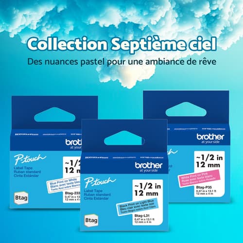 Ensemble de 3 rubans non laminés de la série BTAG pour étiqueteuses P-Touch authentique de Brother de la collection Septième ciel (rose avec texte blanc, blanc avec texte bleu, bleu clair avec texte noir), 12 mm (L) x 4 m de (l)
