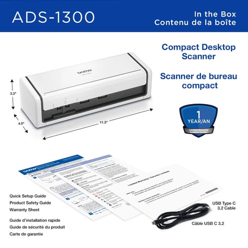 Brother ADS-1300 Scanner de bureau compact doté de fonctions de numérisation faciles pour petites entreprises et particuliers