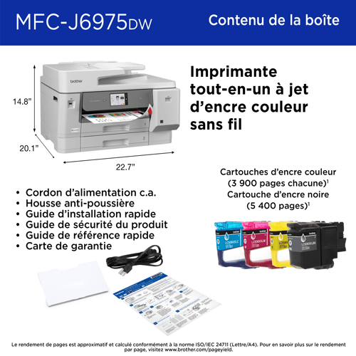 Brother MFC-J6975DW Imprimante tout-en-un à jet d’encre couleur professionnelle économique avec fonctions d’impression, de numérisation, de copie et de télécopie au format 11 po x 17 po et fonctions de sécurité avancées