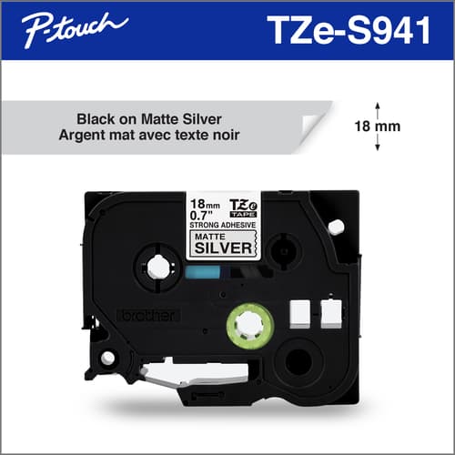 Brother TZe-S941 Ruban adhésif très résistant argent mat avec texte noir authentique pour étiqueteuses P-touch, 18 mm de largeur x 8 m de longueur