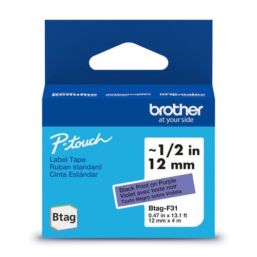 Brother BTAGF31 Ruban non laminé violet avec texte noir authentique pour étiqueteuse P-touch, 12 mm (L) x 4 m (l)