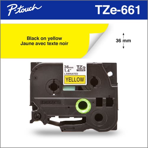 Brother TZe661 Ruban laminé jaune avec texte noir authentique pour étiqueteuses P-touch, 36 mm de largeur x 8 m de longueur