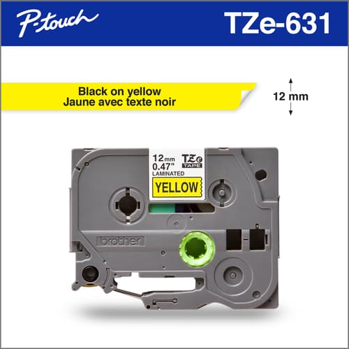 Brother TZe631 Ruban laminé jaune avec texte noir authentique pour étiqueteuses P-touch, 12 mm de largeur x 8 m de longueur