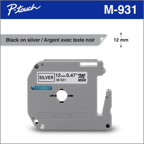 Brother M931 Ruban non laminé argenté avec texte noir authentique pour étiqueteuses P-touch, 12 mm de largeur x 8 m de longueur