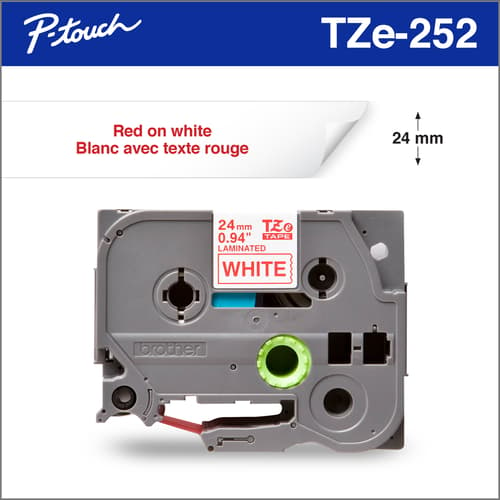 Brother TZe252 Ruban laminé blanc avec texte rouge authentique pour étiqueteuses P-touch, 24 mm de largeur x 8 m de longueur