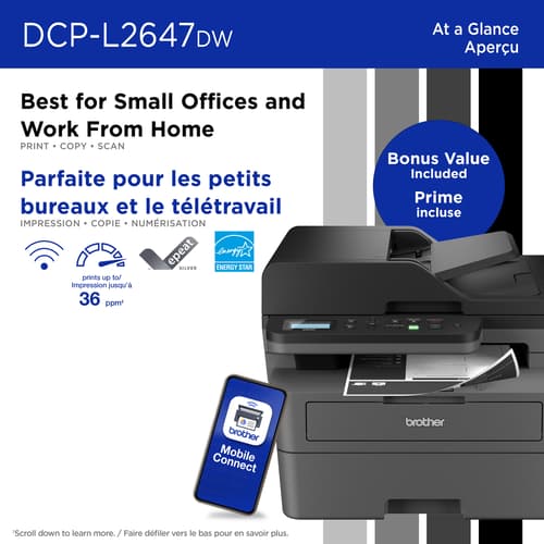 Brother DCP-L2647DW Imprimante multifonction laser monochrome compacte sans fil avec fonctions d’impression, de copie et de numérisation recto verso et impression à partir d’appareils mobiles