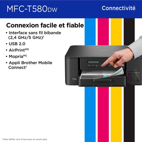 Brother MFC-T580DW Imprimante tout-en-un à jet d’encre couleur sans fil INKvestment Tank assortie de 3 ans d’encre