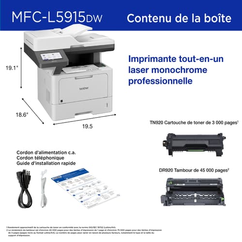 Brother MFC-L5915DW Imprimante tout-en-un laser monochrome professionnelle offrant un faible coût d’impression, avec réseautage sans fil, impression, numérisation et copie recto verso