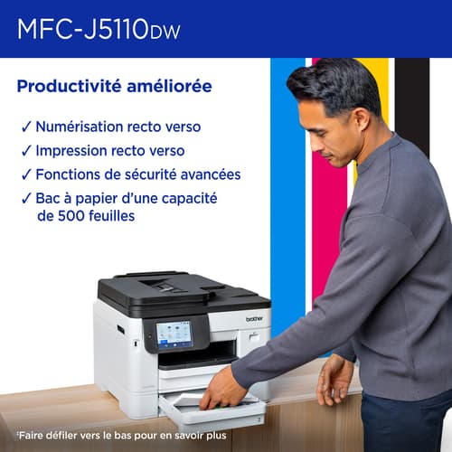 Brother MFC-J5110DW Imprimante tout-en-un à jet d’encre couleur sans fil INKvestment avec bac à papier de 500 feuilles et écran tactile couleur de 4,3 po