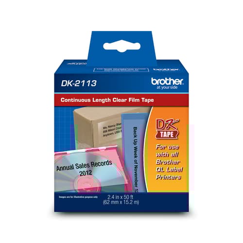 Brother DK2113 Étiquettes de pellicule continue transparentes avec texte noir - 2,4 po x 50 pi (62 mm x 15,2 m)