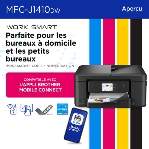Brother MFC-J1410DW Imprimante tout-en-un à jet d’encre couleur sans fil Work Smart avec écran couleur de 2,7 po et impression recto verso automatique