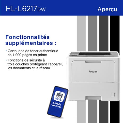 Brother HL-L6217DW Imprimante laser monochrome professionnelle avec grand bac à papier, réseautage sans fil et impression recto verso offrant un faible coût d’impression