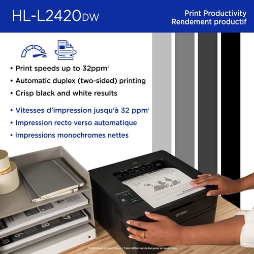 Brother HL-L2420DW Imprimante laser monochrome compacte sans fil avec fonction d’impression recto verso et impression à partir d’appareils mobiles.