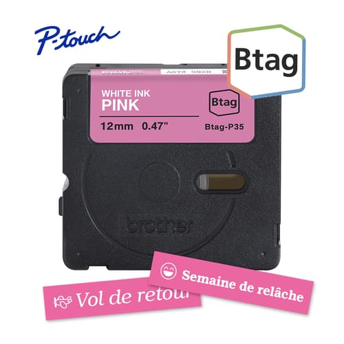 Brother BTAGP35 Ruban non laminé rose avec texte blanc authentique pour étiqueteuse P-touch, 12 mm (L) x 4 m (l)