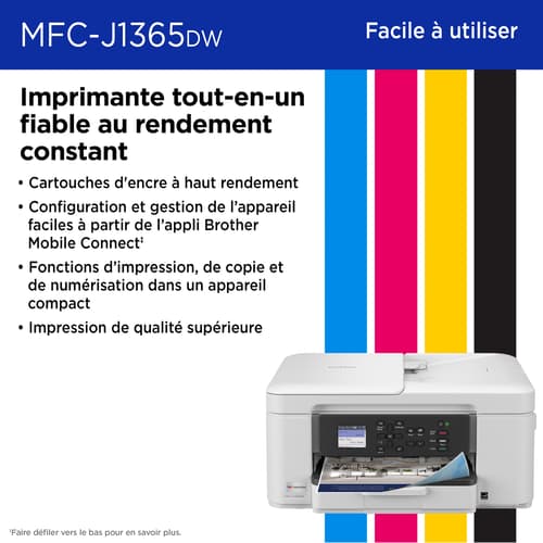 Brother MFC-J1365DW Imprimante tout-en-un à jet d’encre couleur sans fil INKvestment avec impression recto verso automatique et écran couleur de 1,8 po