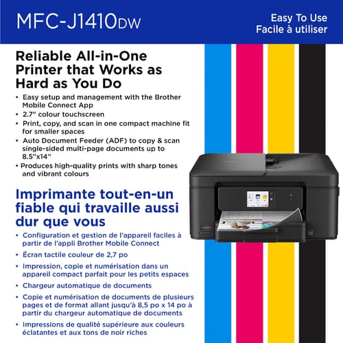 Brother MFC-J1410DW Imprimante tout-en-un à jet d’encre couleur sans fil Work Smart avec écran couleur de 2,7 po et impression recto verso automatique