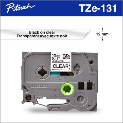 Brother TZe131 Ruban laminé transparent avec texte noir authentique pour étiqueteuses P-touch, 12 mm de largeur x 8 m de longueur