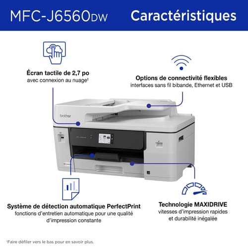 Brother MFC-J6560DW Imprimante tout-en-un à jet d’encre couleur sans fil INKvestment avec impression au format 11 po x 17 po et écran tactile couleur de 2,7 po