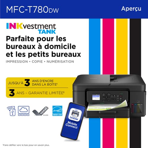 Brother MFC-T780DW Imprimante tout-en-un à jet d’encre couleur sans fil INKvestment Tank avec impression recto vers et 3 ans d’encre