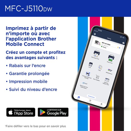 Brother MFC-J5110DW Imprimante tout-en-un à jet d’encre couleur sans fil INKvestment avec bac à papier de 500 feuilles et écran tactile couleur de 4,3 po