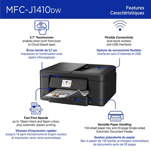 Brother MFC-J1410DW Imprimante tout-en-un à jet d’encre couleur sans fil Work Smart avec écran couleur de 2,7 po et impression recto verso automatique