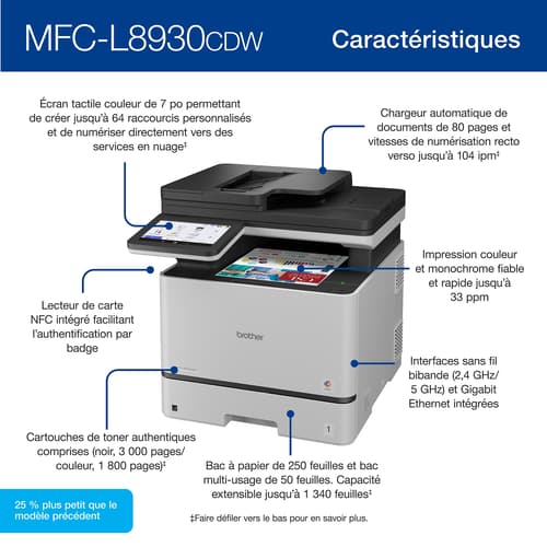 Brother MFC-L8930CDW Imprimante tout-en-un laser couleur professionnelle économique avec impression, numérisation et copie recto verso