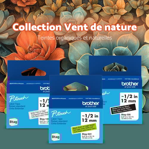 Ensemble de 3 rubans non laminés de la série BTAG pour étiqueteuses P-Touch authentique de Brother de la collection Vent de nature (vert clair avec texte noir, transparent avec texte blanc, noir avec texte blanc), 12 mm (L) x 4 m de (l)
