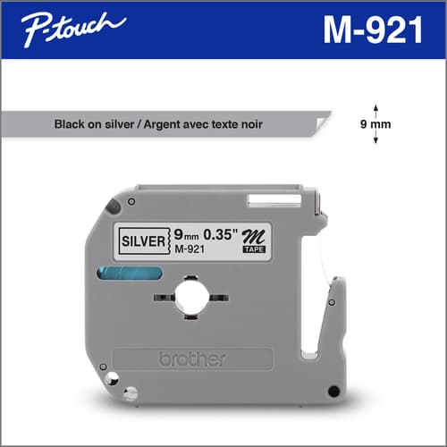 Brother M921 Ruban non laminé argenté avec texte noir authentique pour étiqueteuses P-touch, 9 mm de largeur x 8 m de longueur