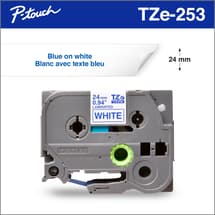 Brother TZe253 Ruban laminé blanc avec texte bleu authentique pour étiqueteuses P-touch, 24 mm de largeur x 8 m de longueur