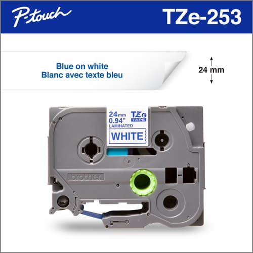 Brother TZe253 Ruban laminé blanc avec texte bleu authentique pour étiqueteuses P-touch, 24 mm de largeur x 8 m de longueur