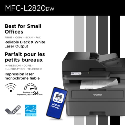 Brother MFC-L2820DW Imprimante tout-en-un laser monochrome professionnelle compatible avec l’Abonnement Refresh, avec impression, copie et numérisation mobiles et cartouche de 700 pages