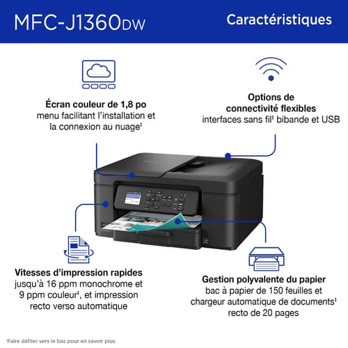 Brother MFC-J1360DW Imprimante tout-en-un à jet d’encre couleur sans fil Work Smart avec impression recto verso automatique et écran couleur de 1,8 po