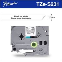 Brother TZe-S231 Ruban adhésif très résistant blanc avec texte noir authentique pour étiqueteuses P-touch, 12 mm de largeur x 8 m de longueur