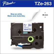 Brother TZe263 Ruban laminé blanc avec texte bleu authentique pour étiqueteuses P-touch, 36 mm de largeur x 8 m de longueur