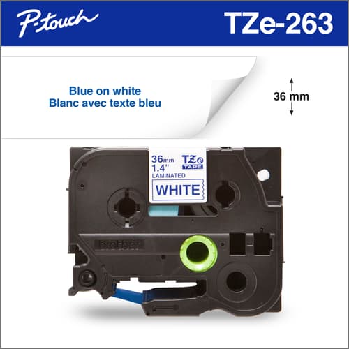 Brother TZe263 Ruban laminé blanc avec texte bleu authentique pour étiqueteuses P-touch, 36 mm de largeur x 8 m de longueur