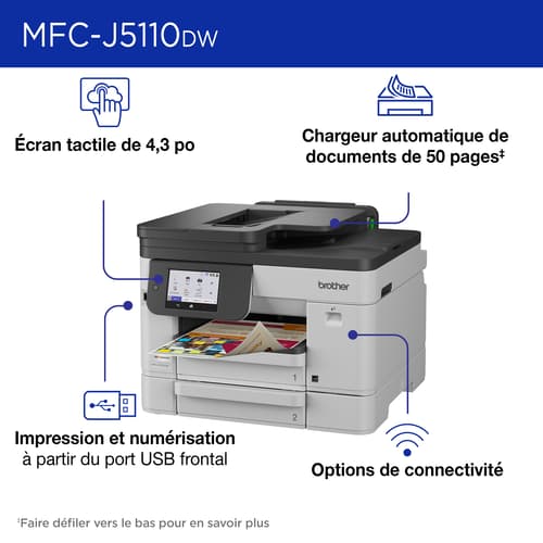 Brother MFC-J5110DW Imprimante tout-en-un à jet d’encre couleur sans fil INKvestment avec bac à papier de 500 feuilles et écran tactile couleur de 4,3 po
