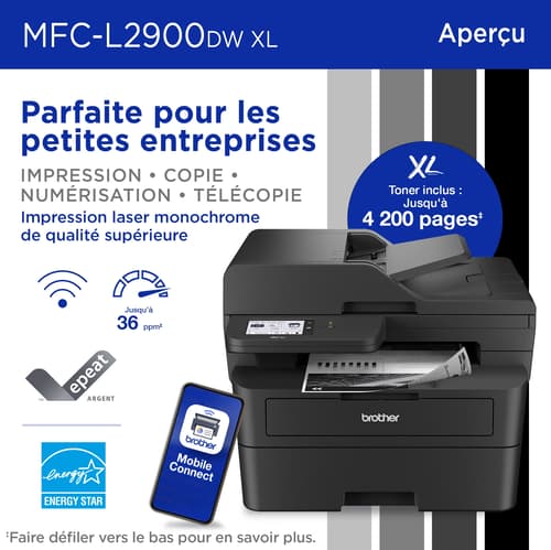Brother MFC-L2900DWXL Imprimante tout-en-un laser monochrome sans fil compacte avec fonctions de copie, de numérisation et de télécopie recto verso en un seul passage, impression mobile et cartouche de toner de 4200 pages(1) incluse