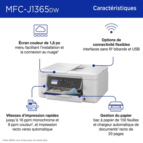 Brother MFC-J1365DW Imprimante tout-en-un à jet d’encre couleur sans fil INKvestment avec impression recto verso automatique et écran couleur de 1,8 po